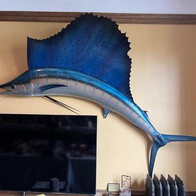 a huge taxidermy sailfish, caught in Mexico in 1985