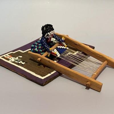 vintage bead doll, woman weaving, Mexico