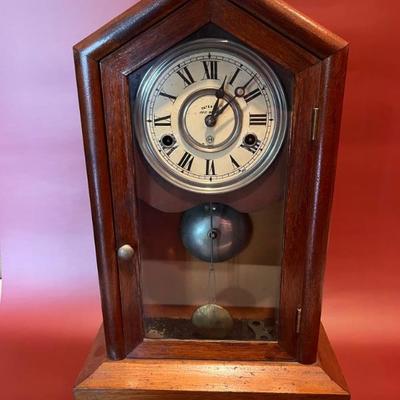 antique wall clock or mantel clock (it can be both!), American, oak case
