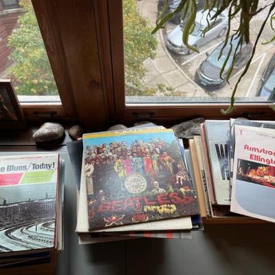 Lots of vintage vinyl LP records--rock, jazz, classical, including Beatles, Bob Dylan, Beach Boys, Temptations, Diana Ross, Coltrane,...