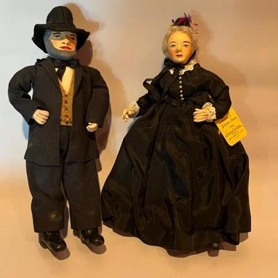 pair of handmade dolls by Johanna Chavre, Salt Lake City UT, Uncle Silas and Aunt Susan, Victorian, Mormon 