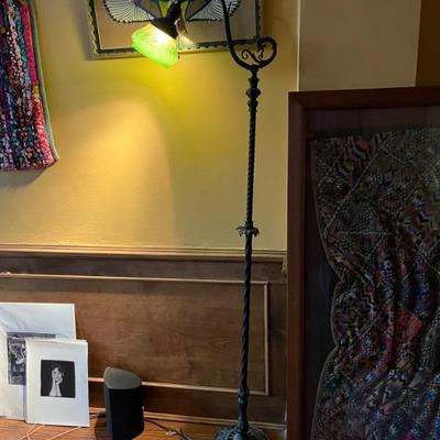 antique iron bridge lamp with green glass shade