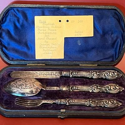 late 19th century sterling silver christening set in original case, hallmarked, from Birmingham