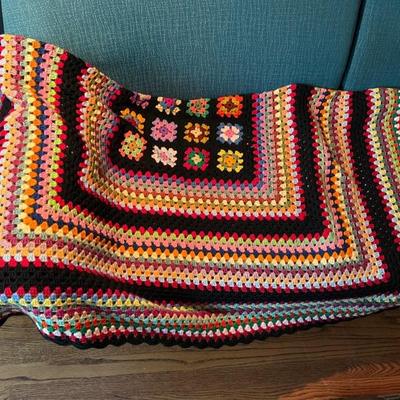 Vintage 1960s hand crocheted afghan, bright and cheerful colors