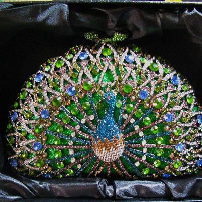 Swarovski Crystal Peacock Clutch Purse w/Chain