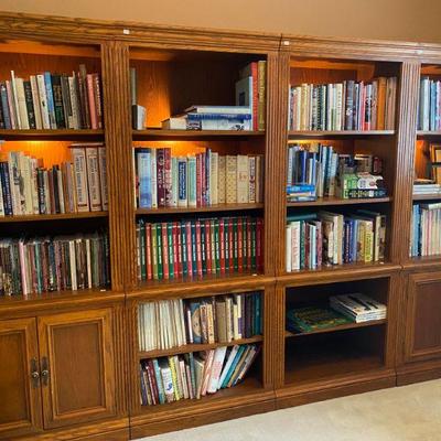 Oak Bookcases, 18x30, lighted, packed with books 54 linear feet of books, Coffee Table Books, Cookbooks 