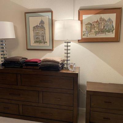 Bedroom suite by Aspenhome, Modern Loft, Queen Panel Bed, Chest, Dresser, 2 Nightstands with power, S Nightstand