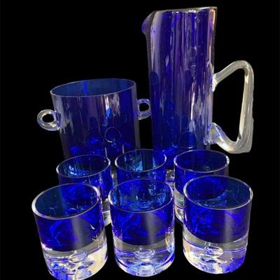 Krosno Poland Colbalt Blue Clear Glass Base with Suspended Bubble Detail 