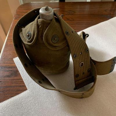 Vintage WW II  Military Metal Canteen, Cup, and Belt ( belt marked U.S.