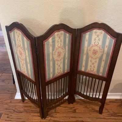 Vintage Fabric and Wood Small Tri Fold Room Divider.   H. 35. W. 39. D. .75