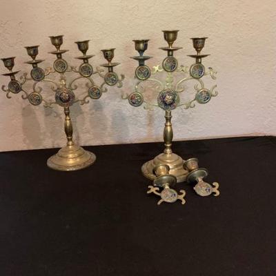 Antique Brass Asian Themed Cloissonne Painted Candelabraâ€™s