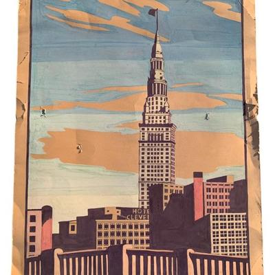 Art Deco hand painted downtown Cleveland skyline Painting, artist signed.