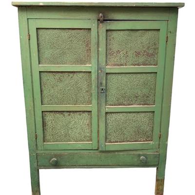 Moss green punched tin Antique primitive farmhouse pie safe cooling cupboard with storage drawer. 