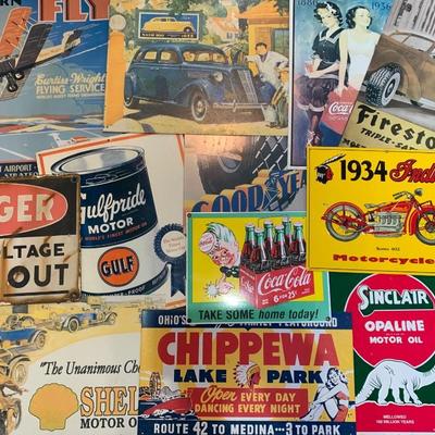 Vintage metal Advertising signs, a few Porcelain, some Embossed.
