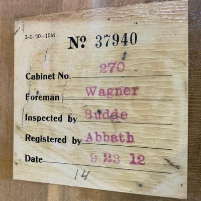 c1912 Factory label on the 153 drawer Apothecary Cabinet.