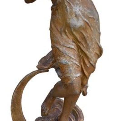Art Nouveau Crescent Moon Goddess Newel Post Spelter Statue.