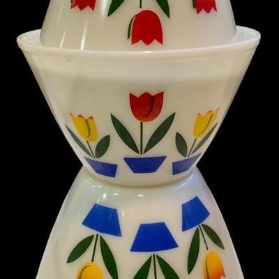 Mid Century Fire King 3 pc Tulip nesting bowls.