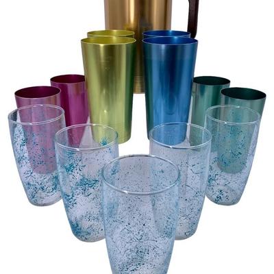 MCM Westbend Aluminum Co. drinking glasses & pitcher, speckled textured aqua splatter glass tumblers.