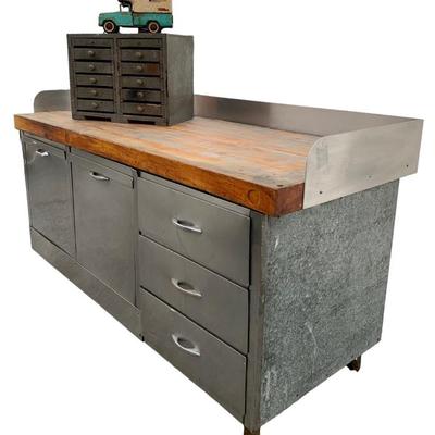 Mid Century stainless steel 3†maple topped work station, kitchen island, bar.