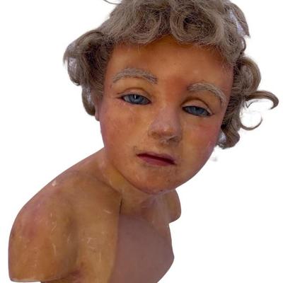 Rare young boy Wax bust, blue glass eyes, blonde human hair, an old repair to the wax chest.