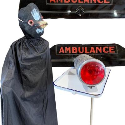 Pair Art Deco 41â€ Metal Ambulance Funeral Home Automobile panels, Creepy vintage Halloween bird mask Costume with pantsuit, cape/sheath...
