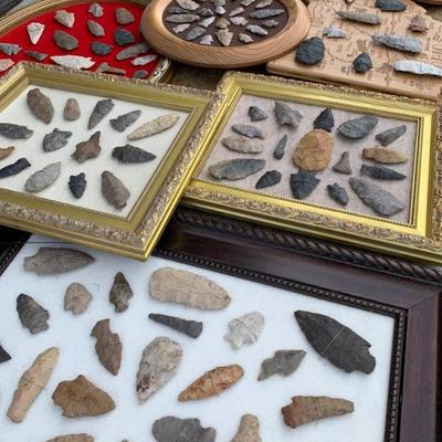 Framed Native American Indian Arrowhead Collections.