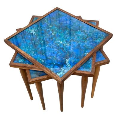 Outstanding MCM 3pc set of Stacking cocktail tables, cerulean blue watercolor paint and foiled glass tops with hardwood framing: 15...
