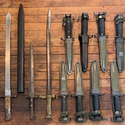 Civil War, WWI, Vietnam era War Weaponry, Bayonets: Collins Co. Sabre Bayonet, c1914 Swiss Razorback, m1881 British, US Military Issue.