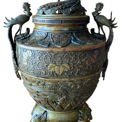 Large antique Chinese Phoenix, Foo Dog, Temple Censer, 23â€ tall cast brass/bronze meditation Incense burner. 
