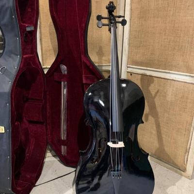Large black lacquered Cello musical instrument with case