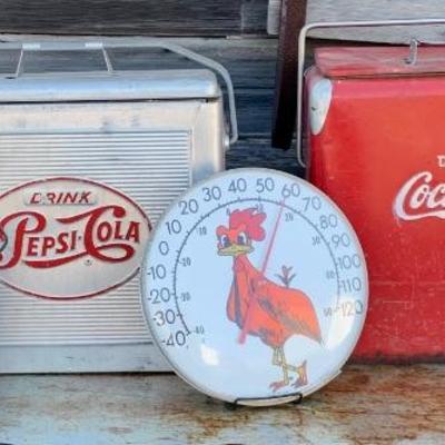 Early Railroad, Mining, Lanterns, Mid Century Pepsi & Coca Cola coolers, working Ohio Jumbo Dial thermometer.