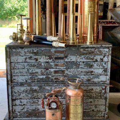 Superb antique to vintage Fireman collection including assorted size brass nozzles, fire extinguishers and valves, Fab industrial 10...