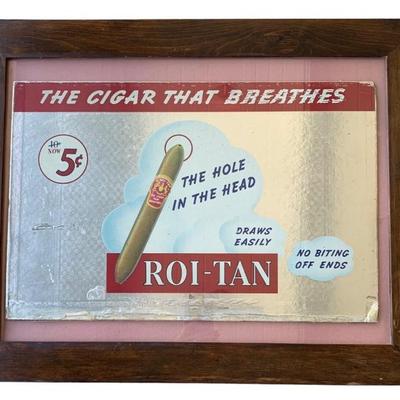 Vintage foiled 5 cent Rio-Tan cigar advertising sign in a old oak frame