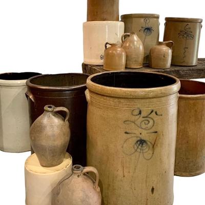 Eclectic array of antique to vintage Primitive Stoneware Jugs and Crocks.