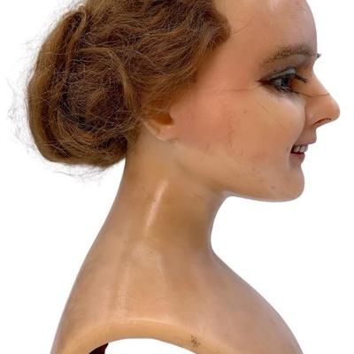 Lovely Antique Wax Mannequin head with Porcelain teeth, gray blue glass Eyes, Human Hair, old Superficial horizontal hairline in the wax.
