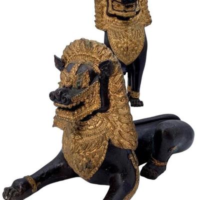 Pair Thai vintage bronze & gilt Imperial Foo Dog statues. 