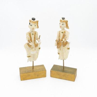 Thai Hand Carved and Painted Wooden Musicians on Stands 6w x 3d x 15h