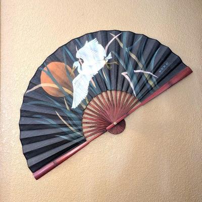 Large Chinese Paper Backed Silk Wall Decor Fan with Painted White Stork 36w x 20.5h