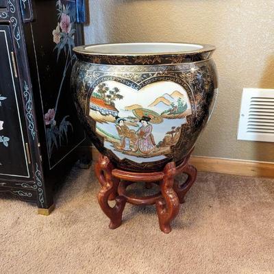  Large Chinese Ceramic Fish Bowl on Wood Stand - 15w x 12.5h