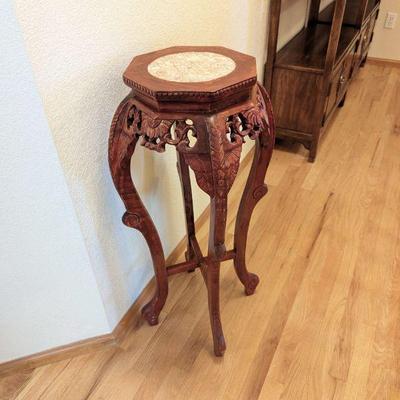 Chinese Chippendale Marble Top Hardwood Plant Stand - 13w x 36h