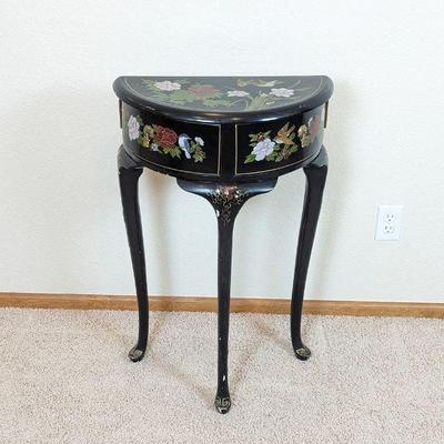 Vintage Chinese Hand Painted Black Demilune Console Hall Table 20.5w x 10d x 32h