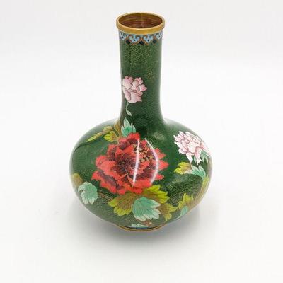 Vintage Chinese Cloisonne Green Enameled Vase 7w x 10.5h