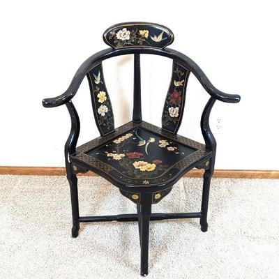 Chinese Black Hand Painted Hardwood Corner Chair With Seat Pad 24 x 24 x 35h