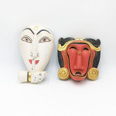 Set of Two Wood Carved Masks Wall Decor