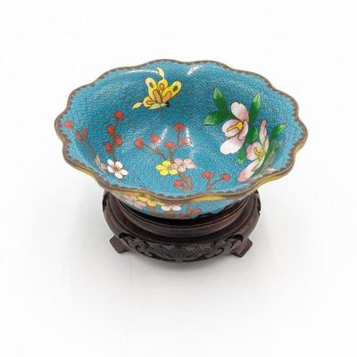 Vintage Chinese Cloisonne Bowl on Wood Stand 6w x 2.5h