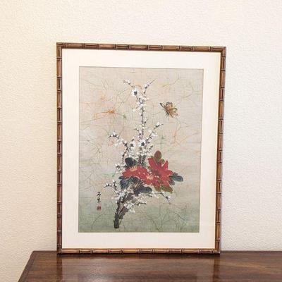 Large Silk Flowers and Butterfly Painting with Bamboo Design Frame - 23 x 29