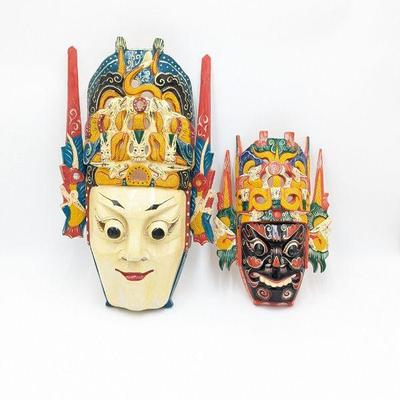 Chinese Hand Carved and Painted Wooden Opera Masks Wall Art