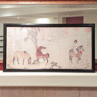 Framed Chinese Lithograph Horses and Rider - 34w x 18h
