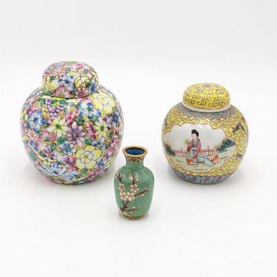  Cloisonne Lidded Ginger Jar, Mini Vase and Famile Rose Handpainted Ginger Jar