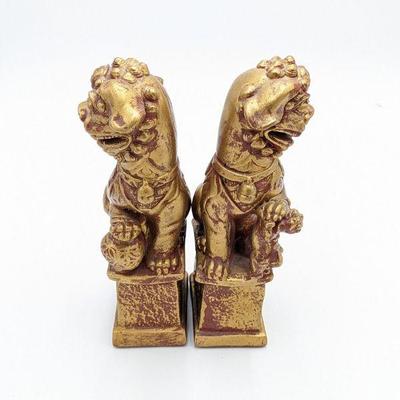 Pair of Vintage Chinese Fu Dog Bookends Painted Gold and Red 5 x 2.5 x 10.5h